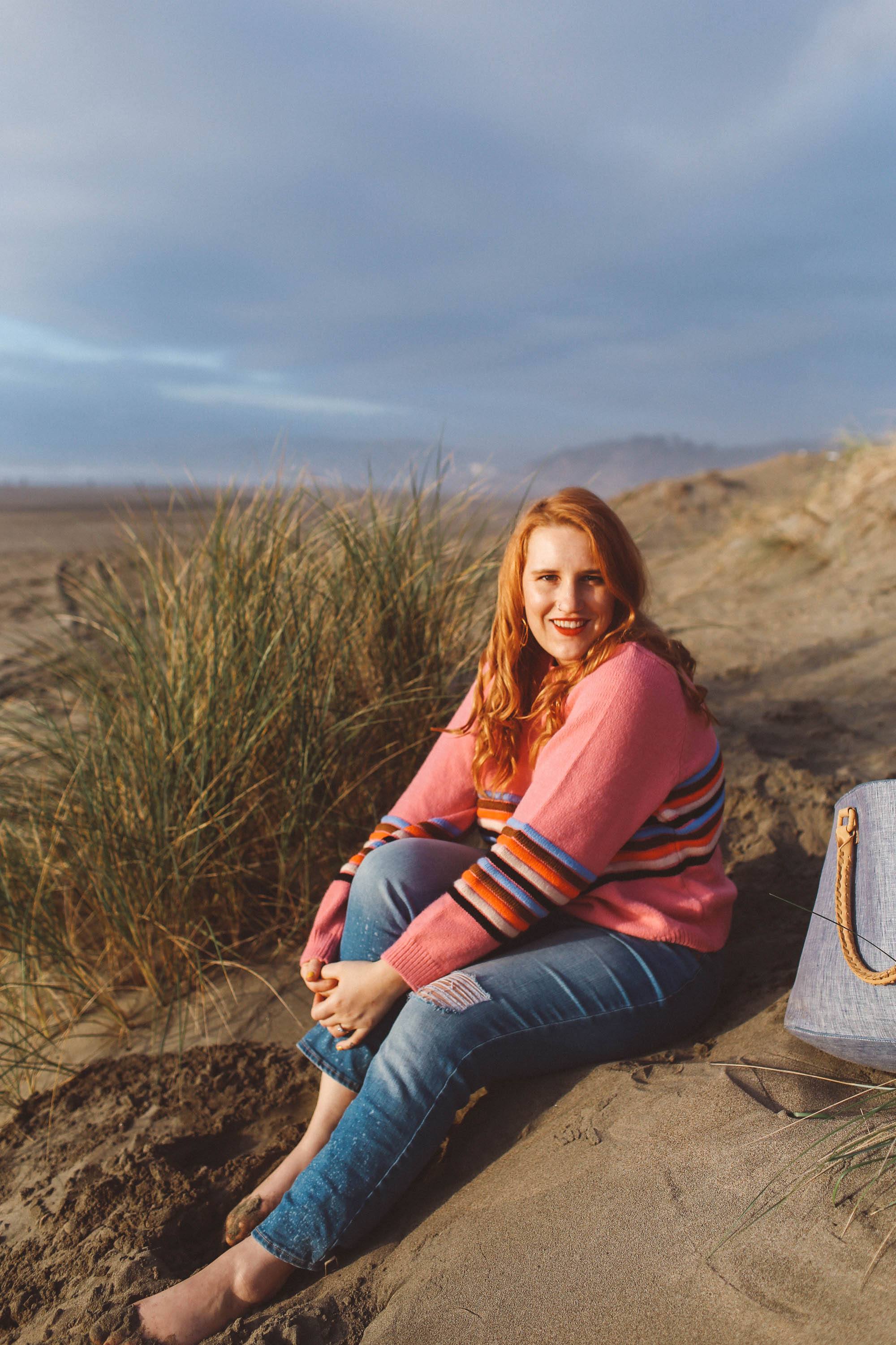 rainbow sweater womens, pink, stripe, beach