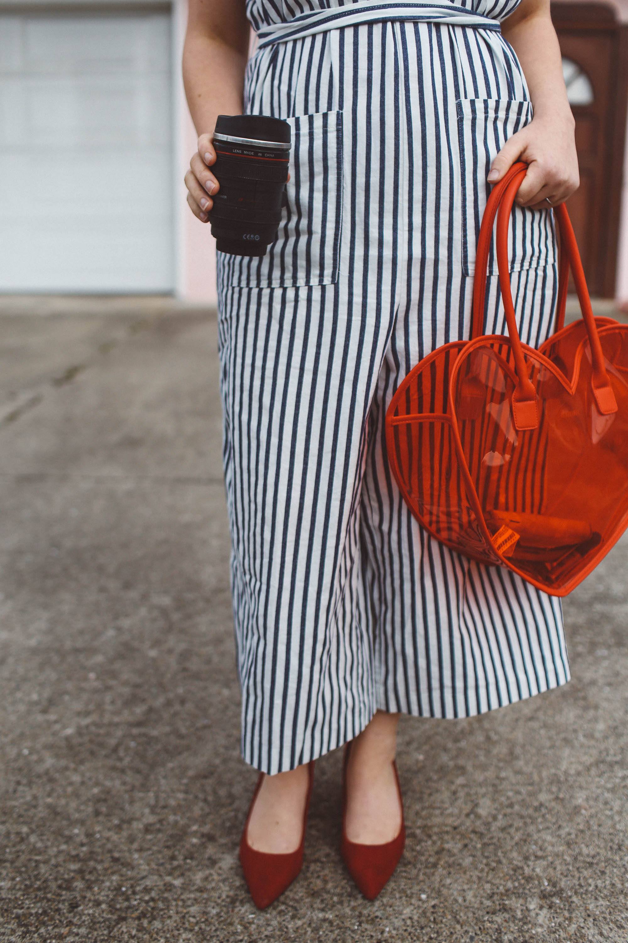 heart purse striped jumpsuit