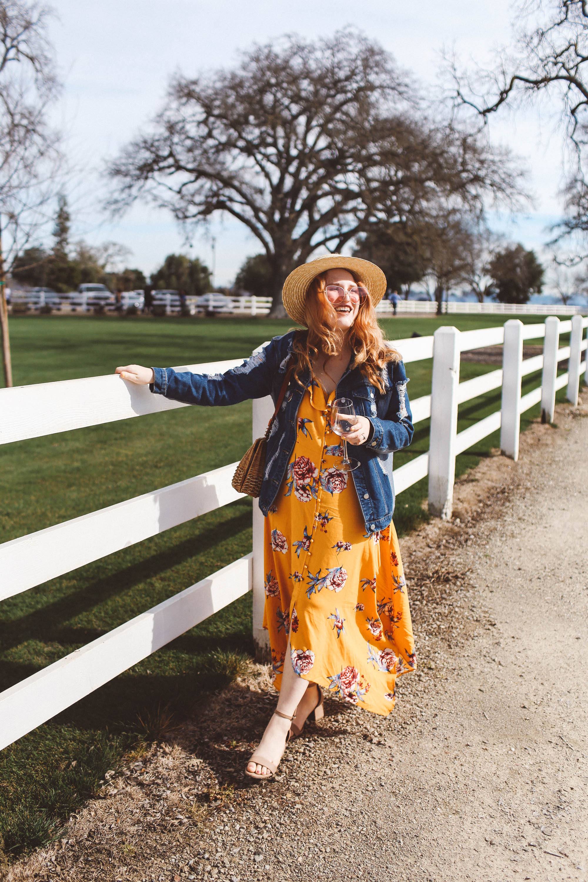 wine tasting yellow dress straw hat