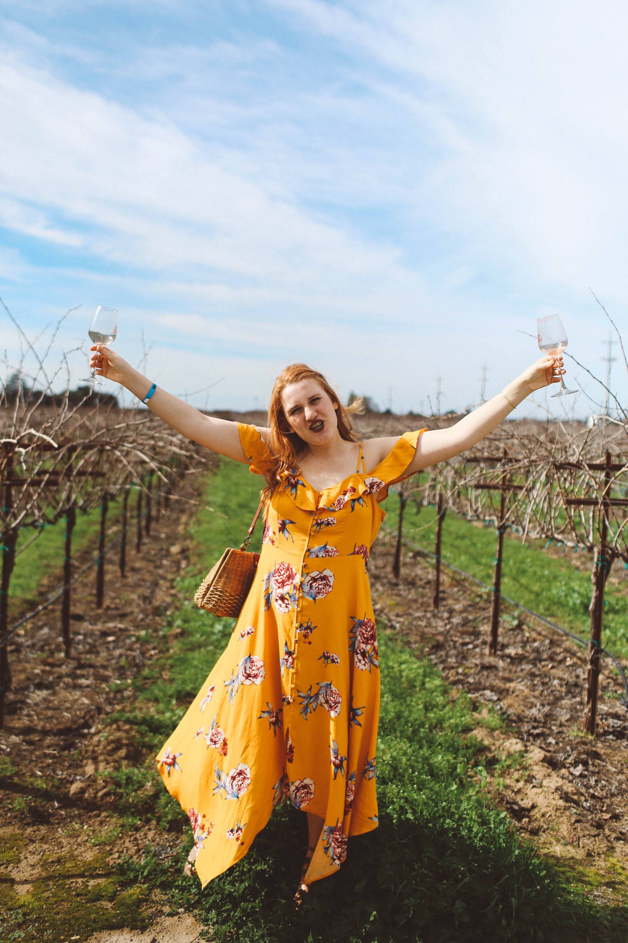 lodi california wine tasting yellow dress