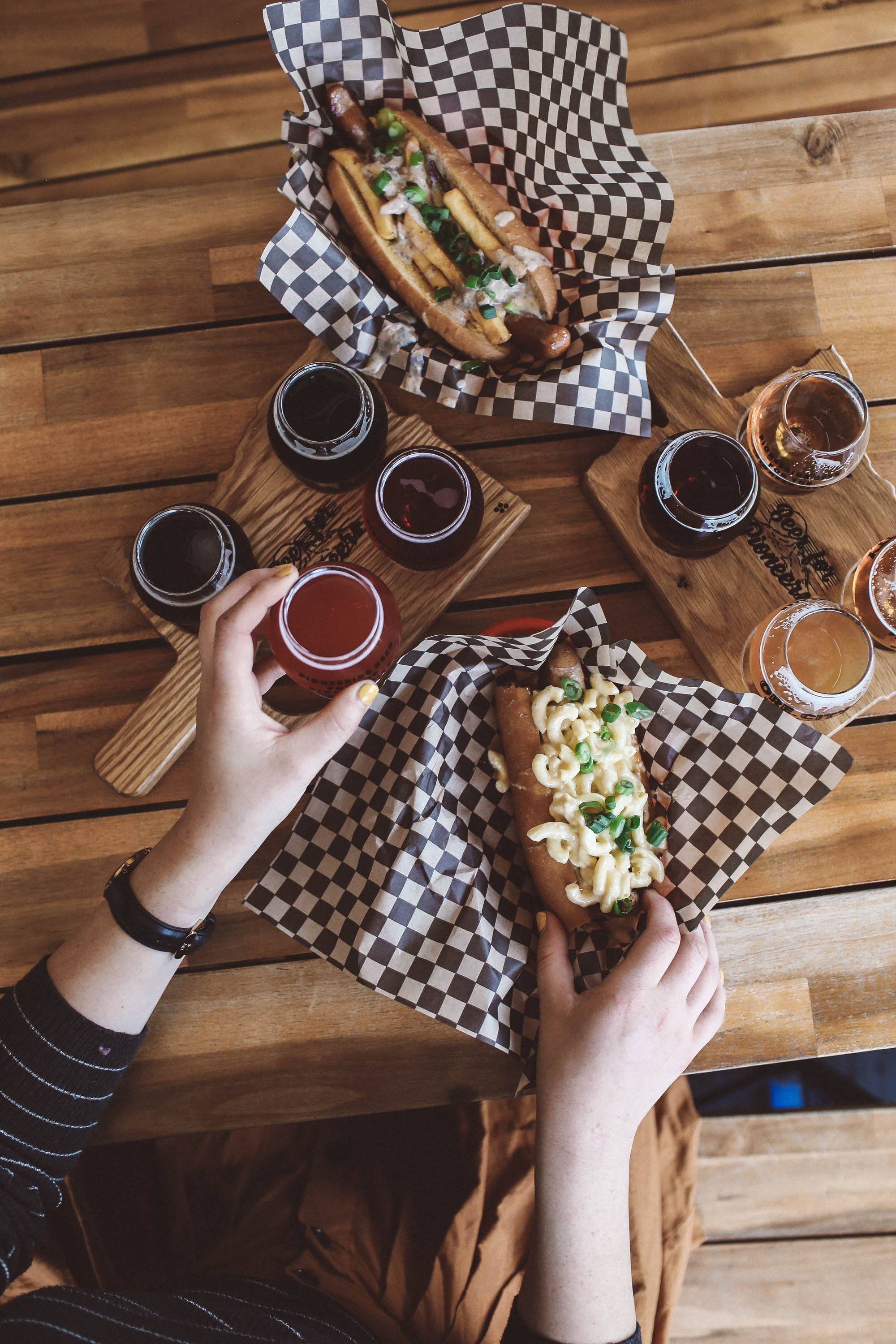 oregon city brewing food flatlay beer