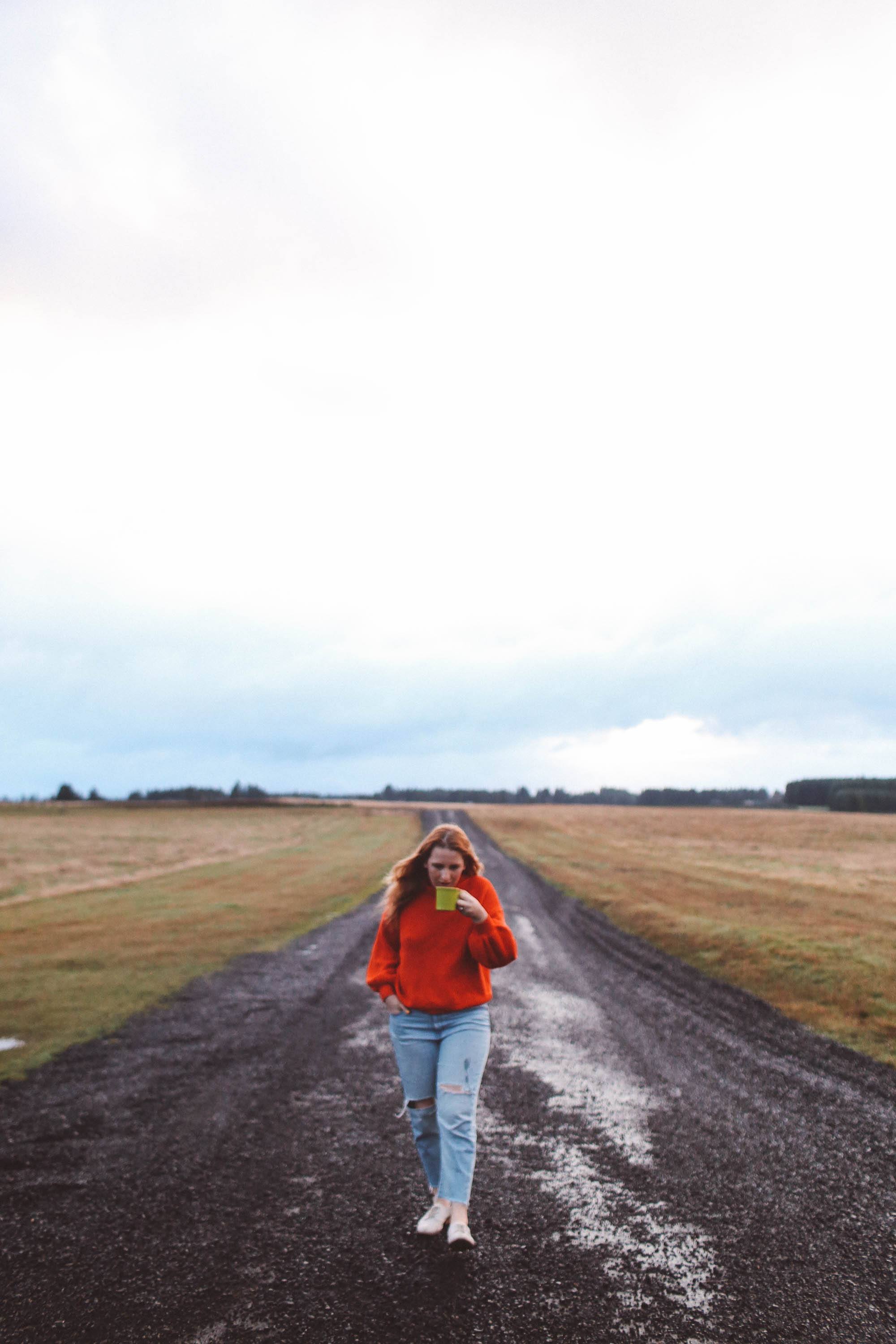 oregon country woman red sweater