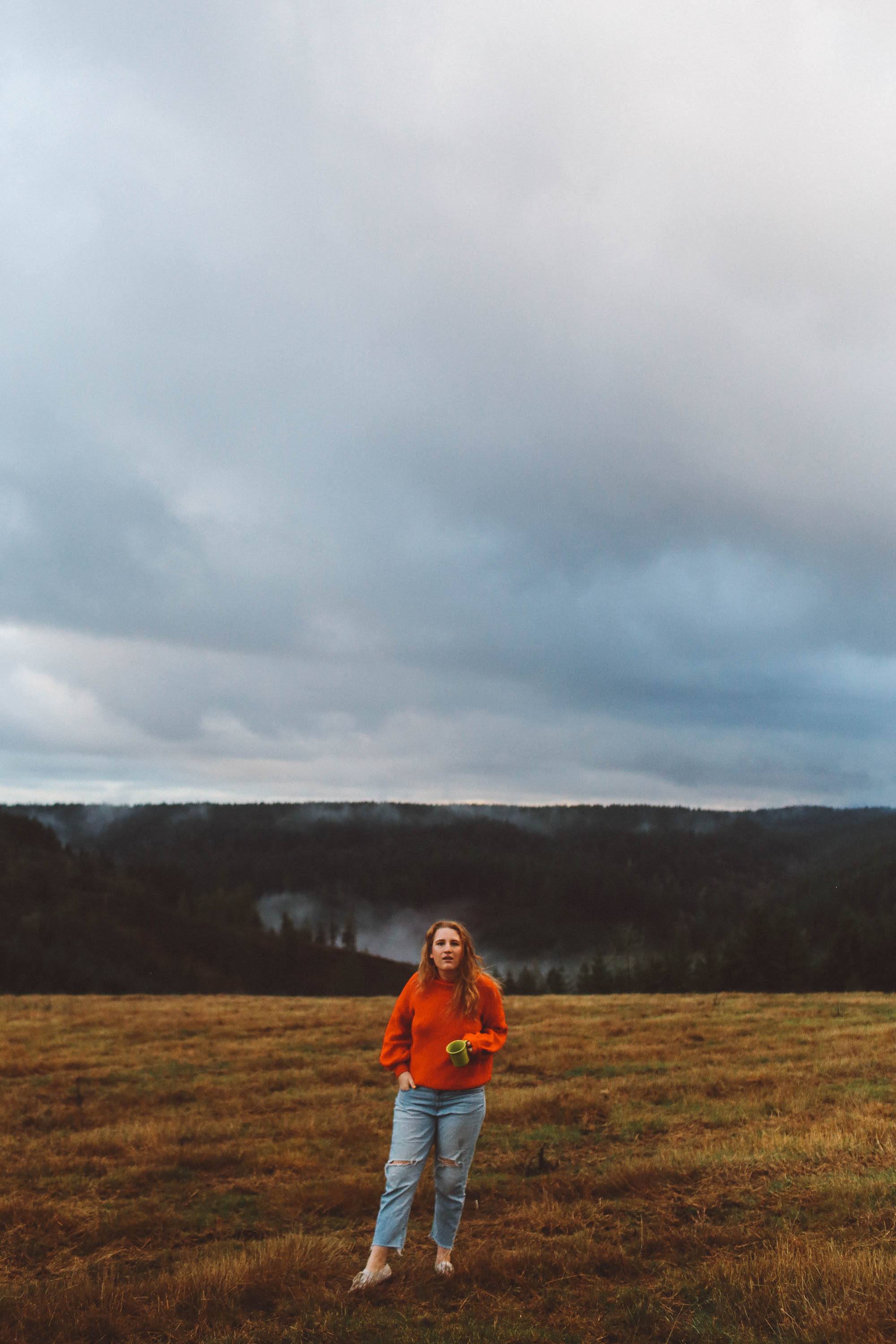 oregon country woman red sweater