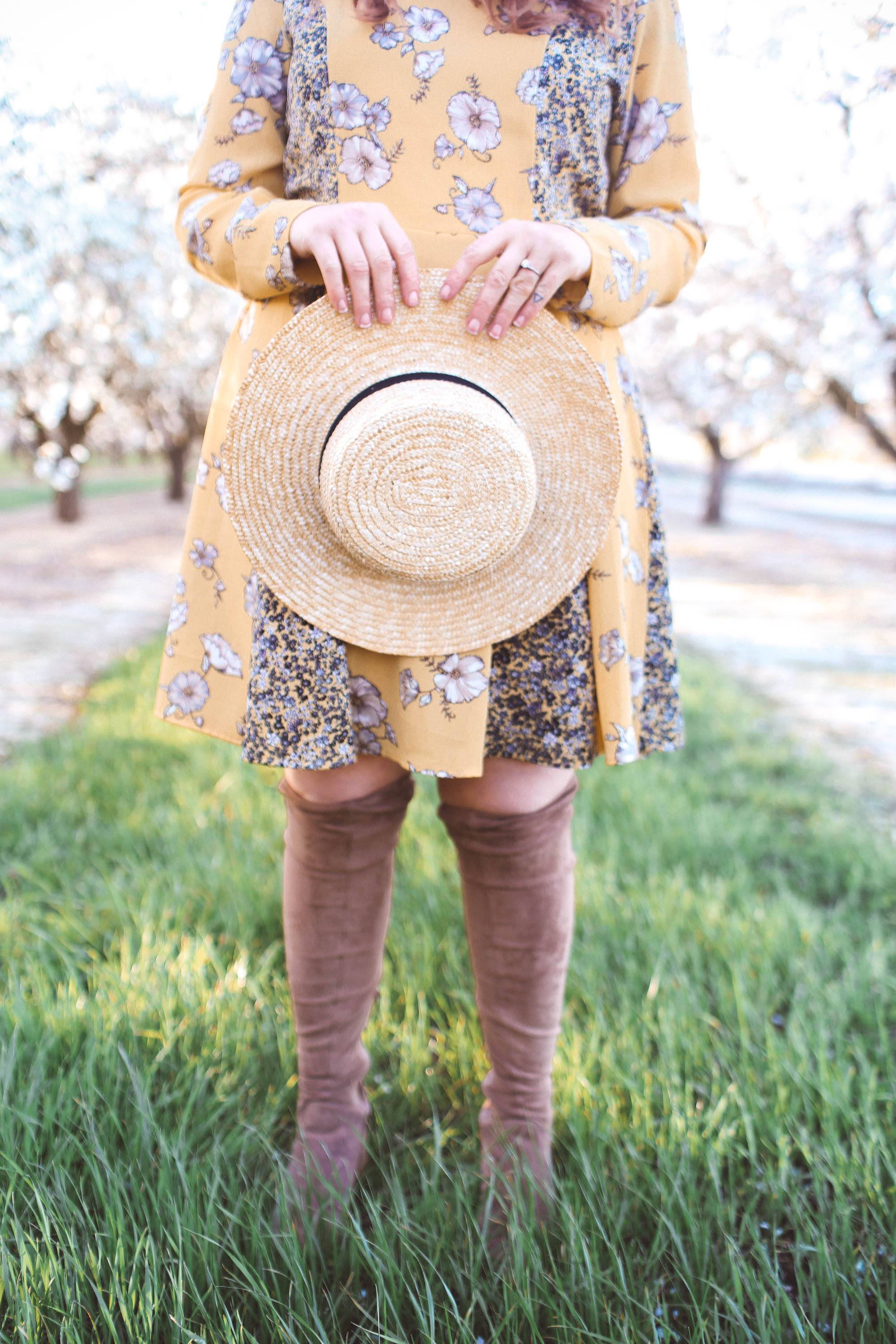 flowers almond blossoms california yellow dress