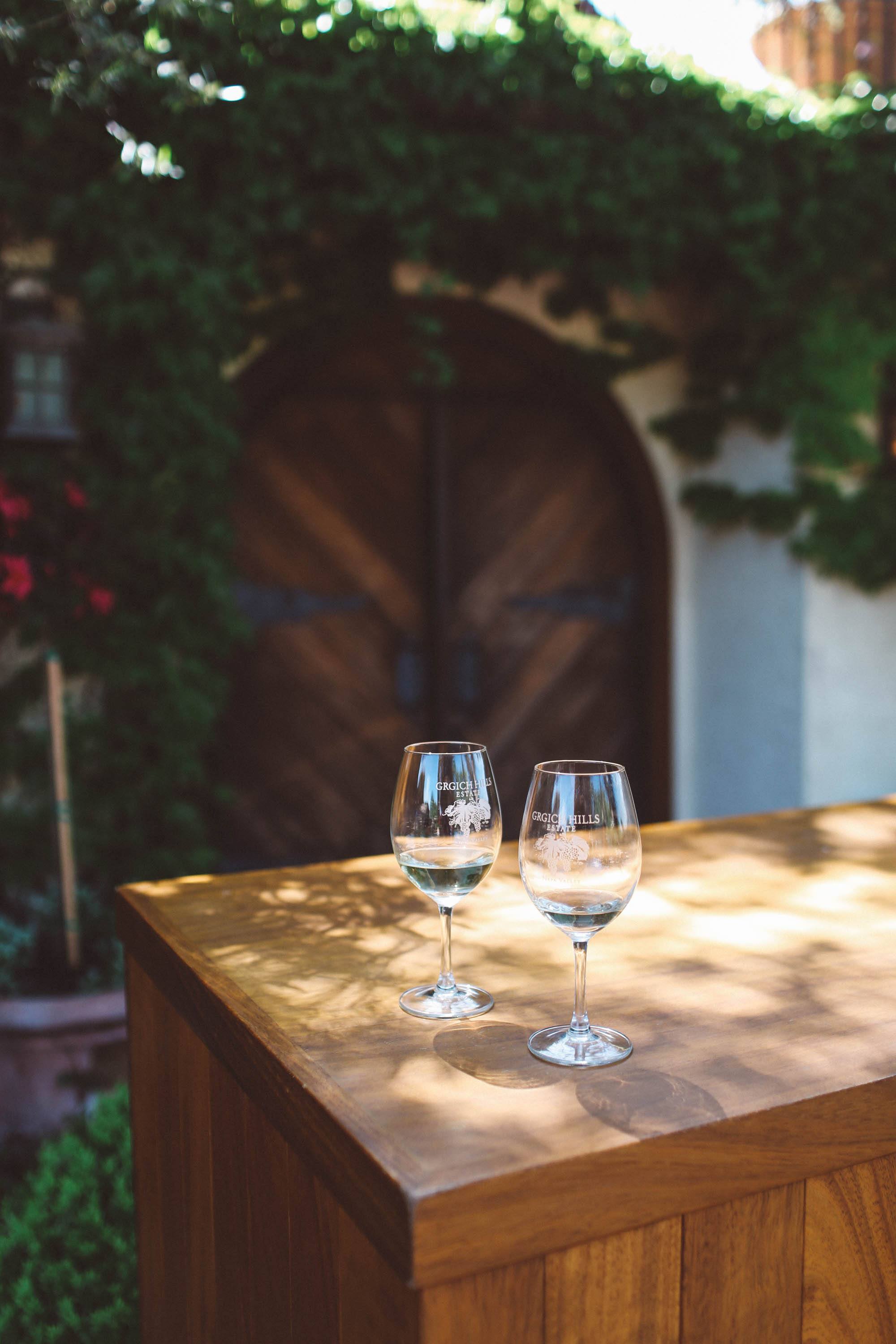 Wine glasses on a table at Grgich Hills Estate