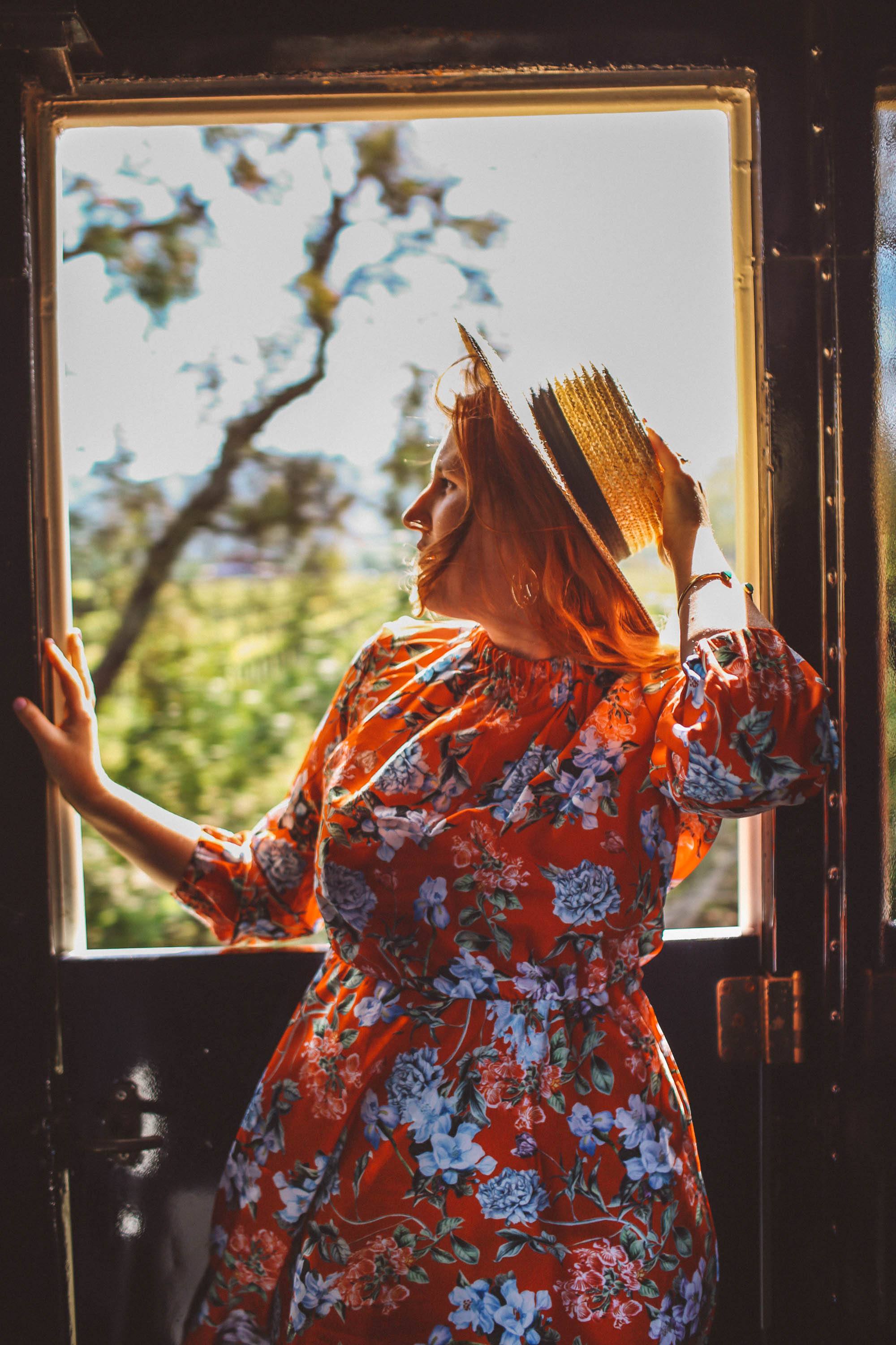 Woman in a red floral dress and a straw hat in front of a window on the Napa Valley Wine Train