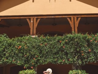 Woman in floral dress and straw hat at a Napa Valley Winery