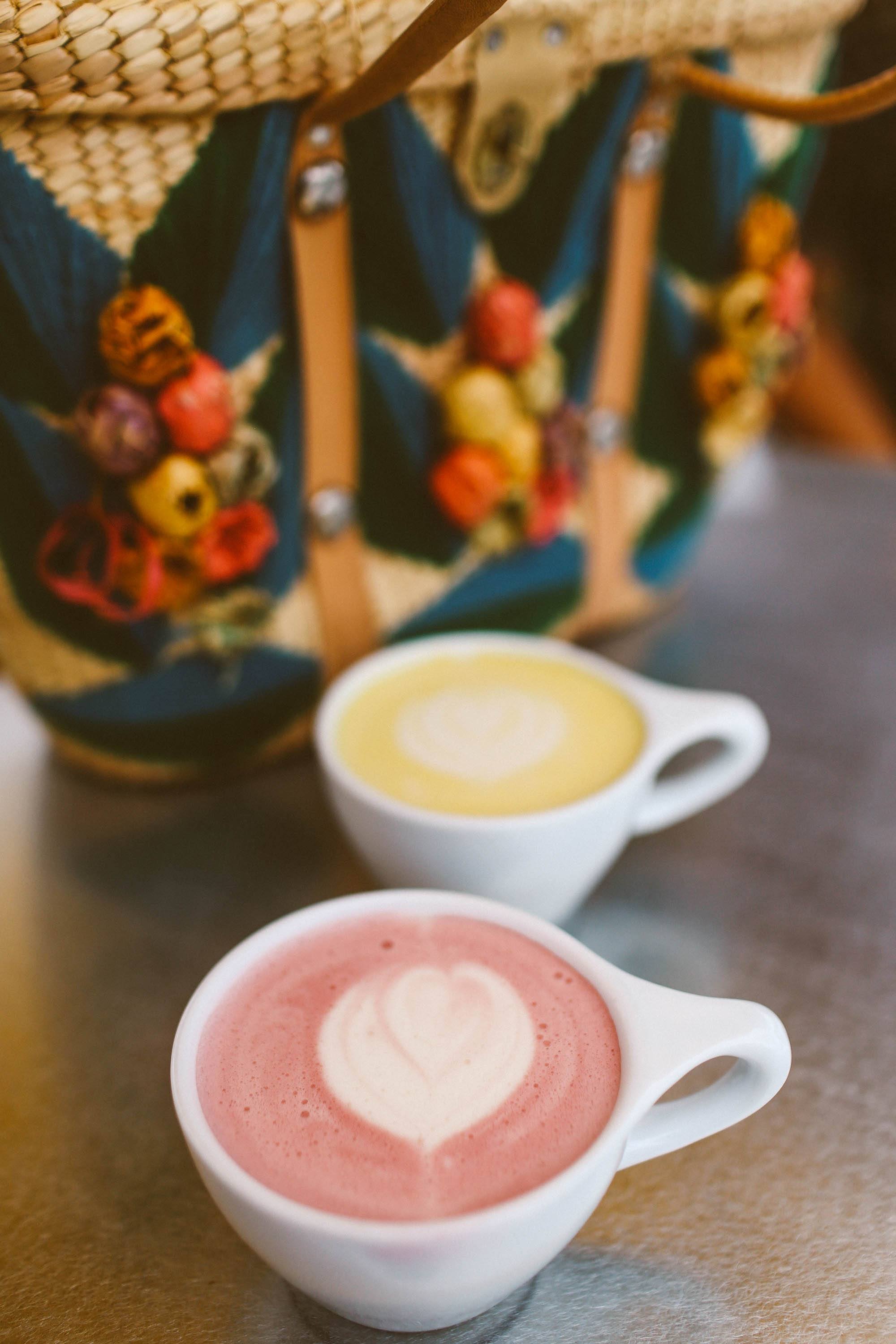 Beet root latte and turmeric latte at handlebar coffee in Santa Barbara