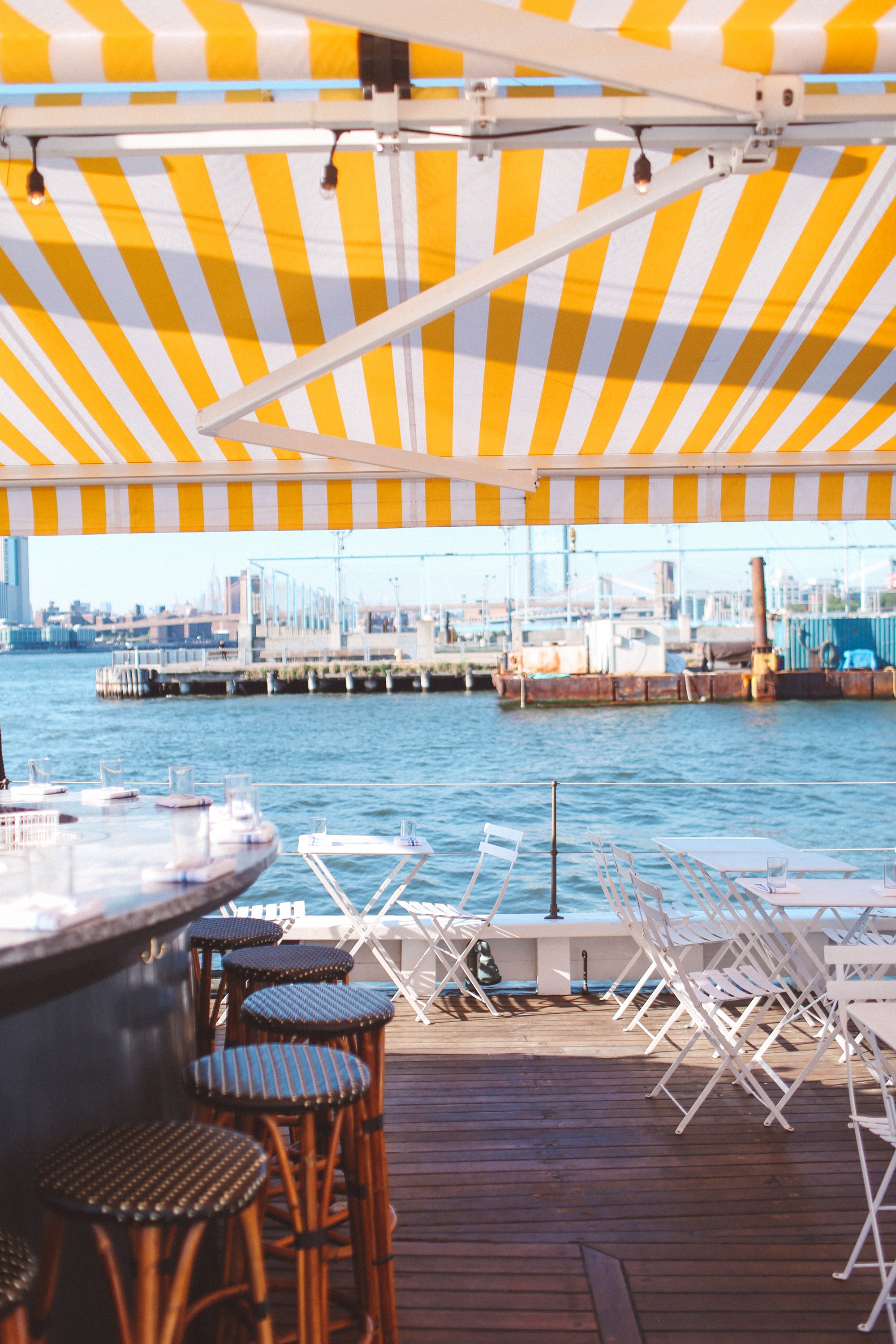 looking at the Brooklyn docks from a boat restaurant