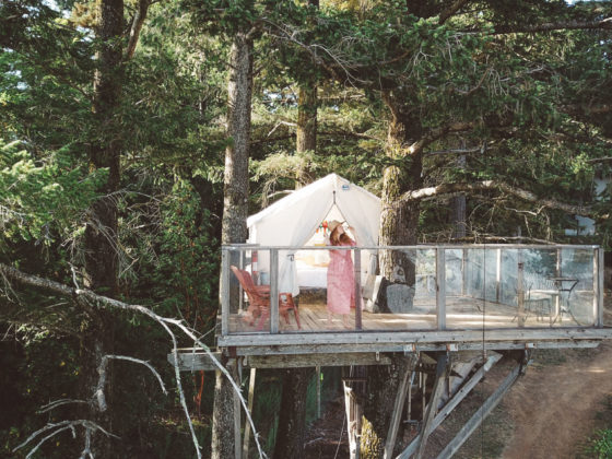 Woman drinking Wine on a treehouse Airbnb