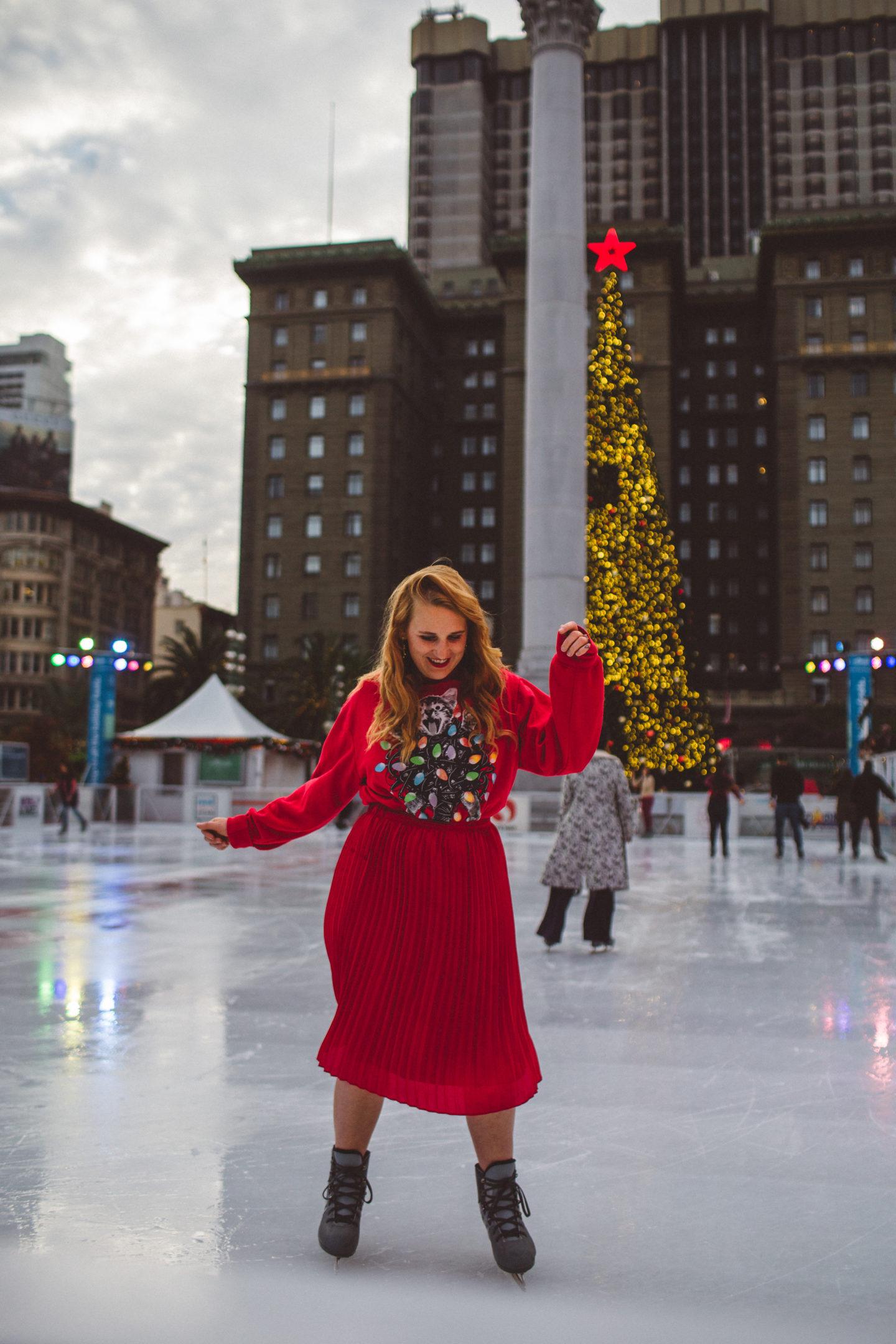 union square ice skate ugly Christmas sweater girl skating