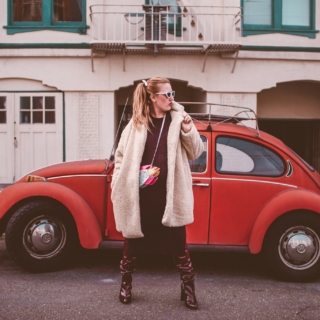 women in teddy bear coat