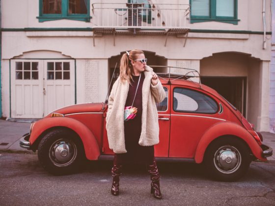 women in teddy bear coat