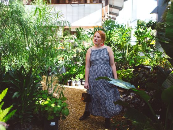 Woman wearing Gingham Dress at Flora Grubb