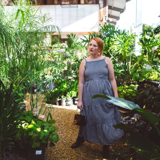 Woman wearing Gingham Dress at Flora Grubb