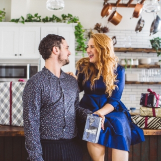 woman giving man a shaving gift set