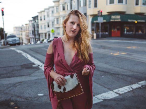 Woman in red jumpsuit