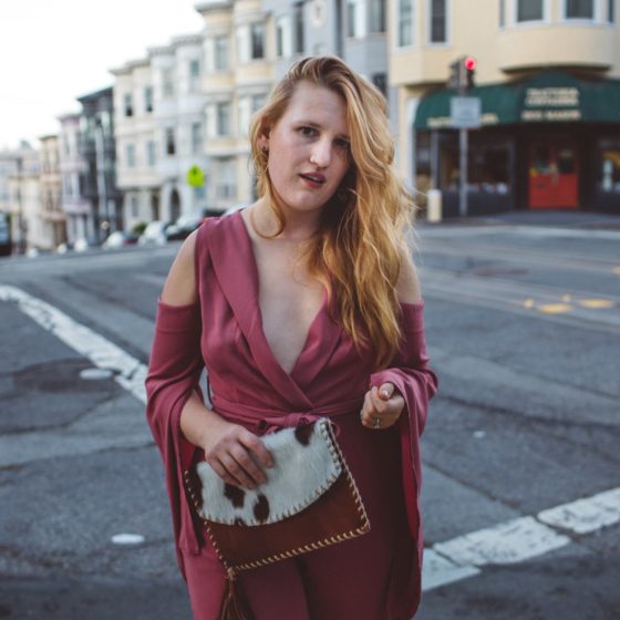 Woman in red jumpsuit