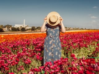 Wearing a blue floral pattern dress and a straw hat at the Carlsbad Flower Fields