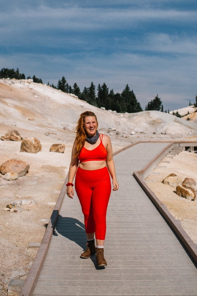 Kara walking along the boardwalk at the Bumpass Hell Sulfur ponds