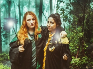 Kara (Slytherin) and Bri (Hufflepuff) in the Forbidden Forest