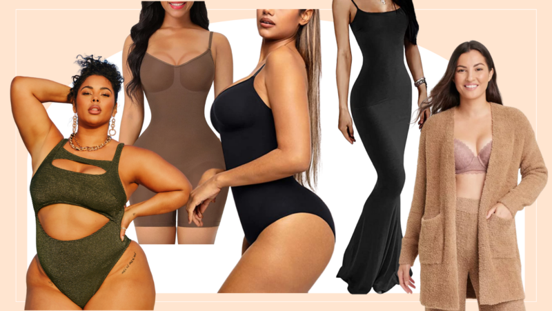 Kim Kardashian shows off her famous curves and tiny waist in nothing but a  satin black bodysuit for latest Skims line