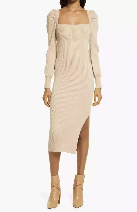 Square Neck Tie Back Puff Long Sleeve Sweater Dress