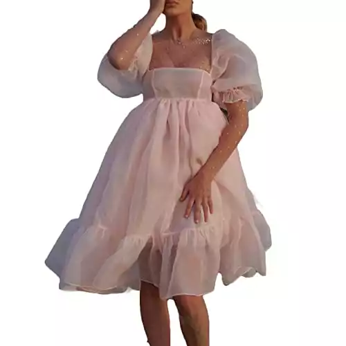 Piacakece Women Cute Puffy Dress Printed Bell Sleeve Square Neck Mesh Ruffle Bubble Dress (E-Pink, L)