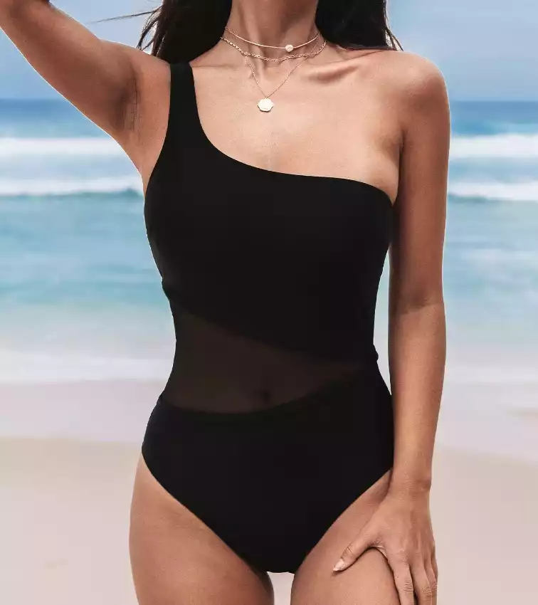 Solid Mesh Shoulder Piece Swimsuit