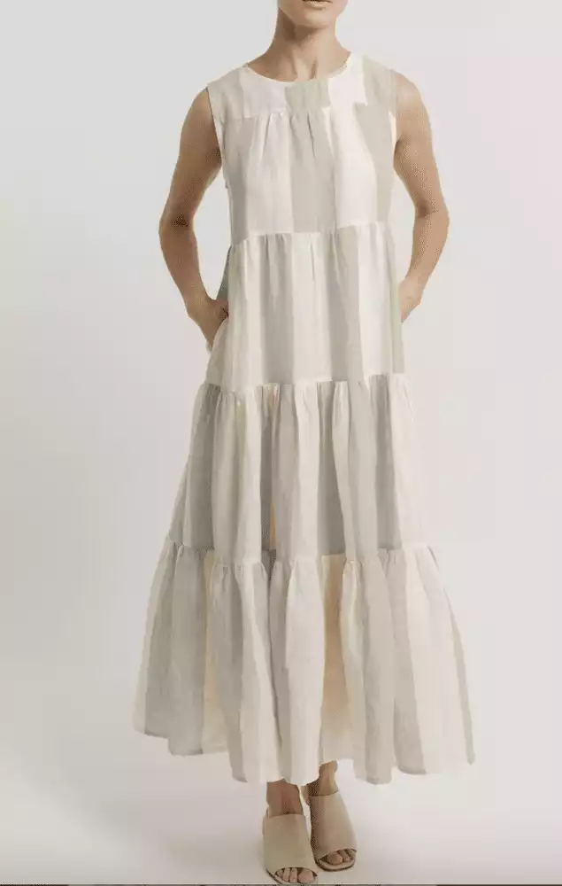 Tulum Stripe Tiered Linen Maxi Dress