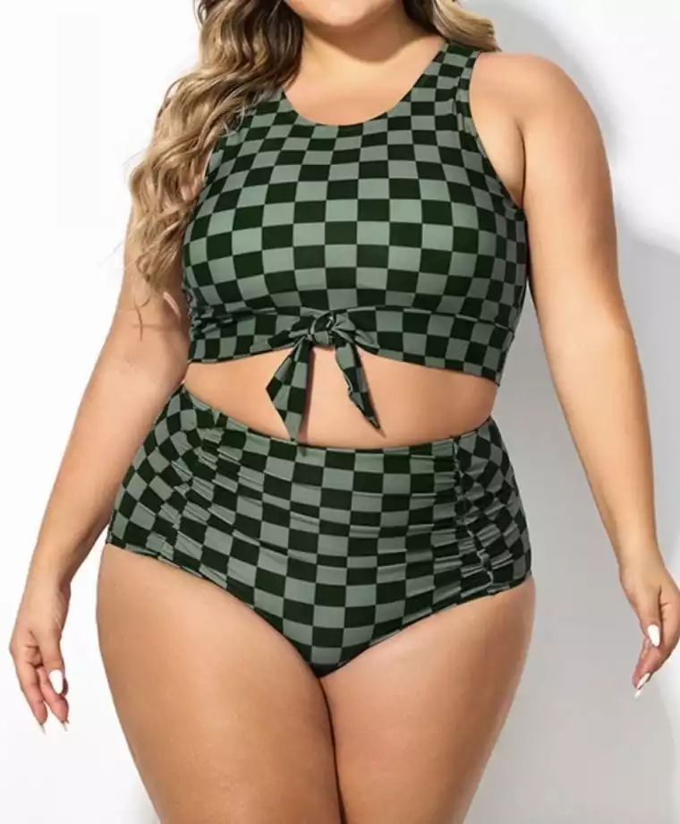 Plus Size Green Check Knotted Crop Bikini Top