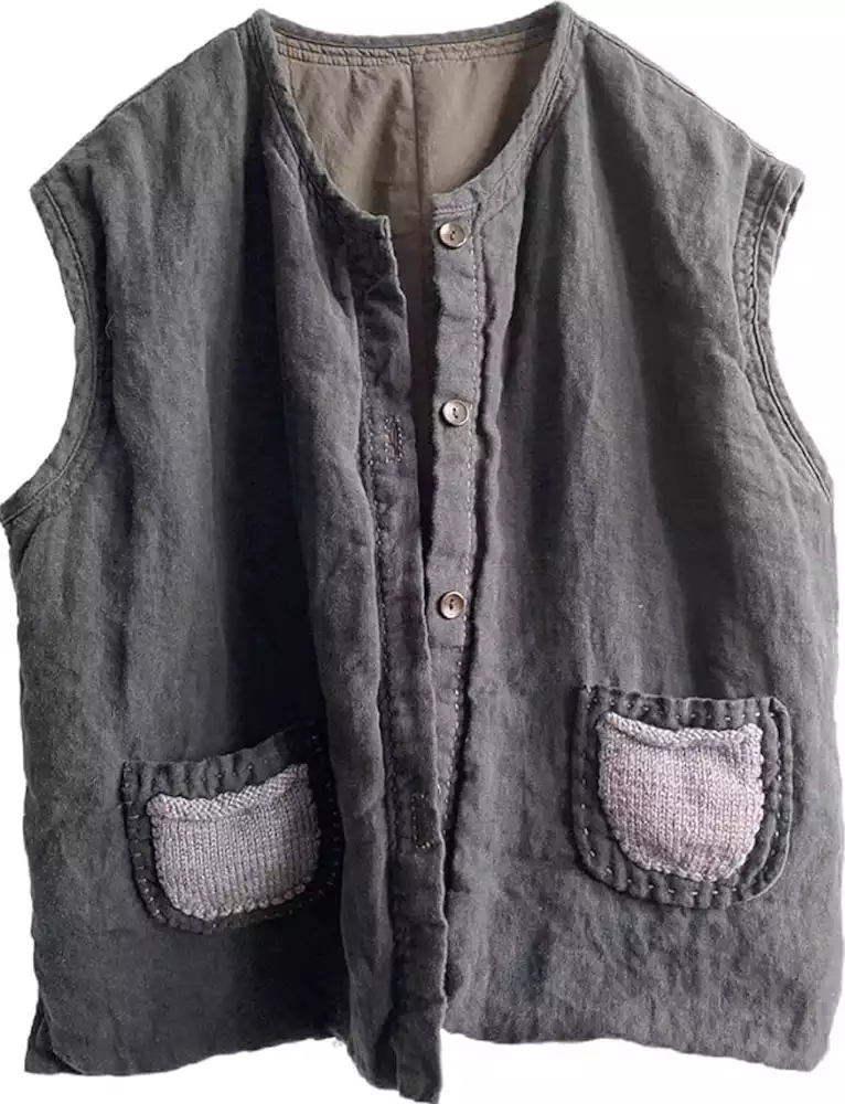 Thin Quilted Linen Button Down Vest