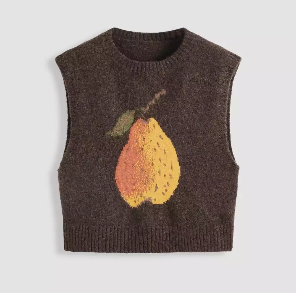 Knit Wool-Blend Round Neckline Pear Graphic Vest
